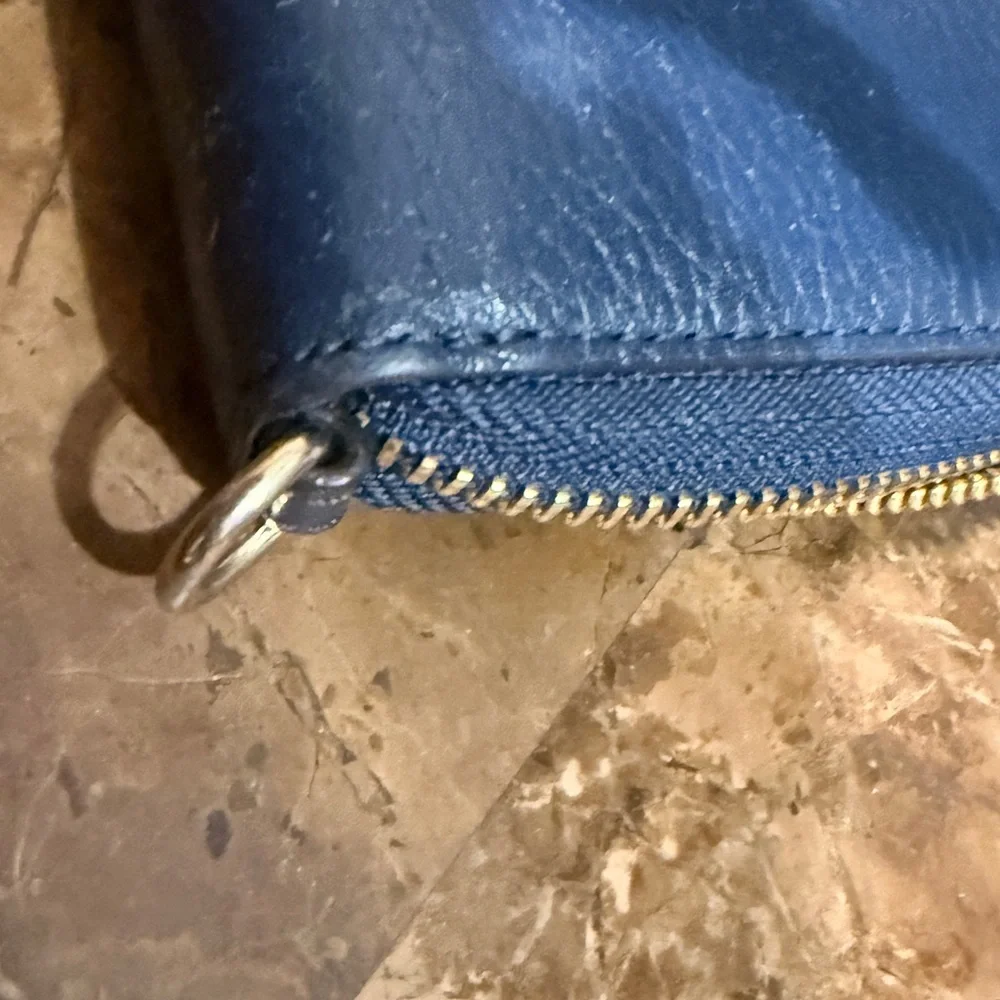 Michael Kors Dark Blue Pebbled Leather Zip Wallet with Gold MK Emblem
